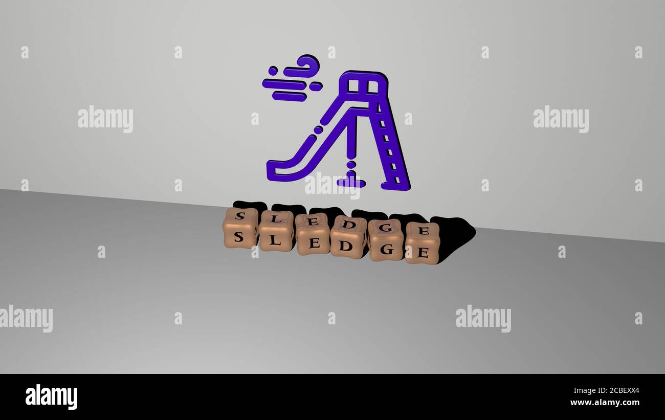 Schlitten 3DSymbol an der Wand und kubische Buchstaben auf Der Boden 3DIllustration für Schlitten 3DSymbol an der Wand und kubische Buchstaben auf Der Boden 3DIllustration für