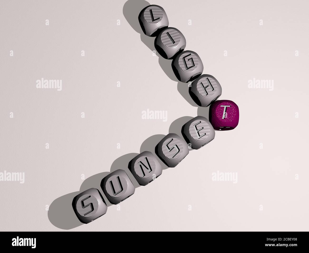 SONNENUNTERGANG LICHT Kreuzworträtsel der Würfel Buchstaben in Farbe - 3D Illustration für schöne und Hintergrund Stockfoto