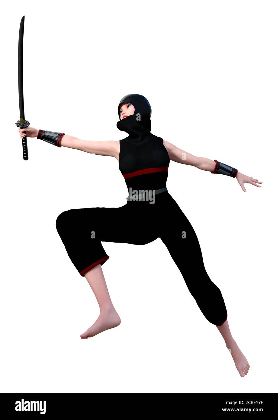 3DRendering eines weiblichen ninja Holding ein Schwert auf weißem Hintergrund Stockfotografie