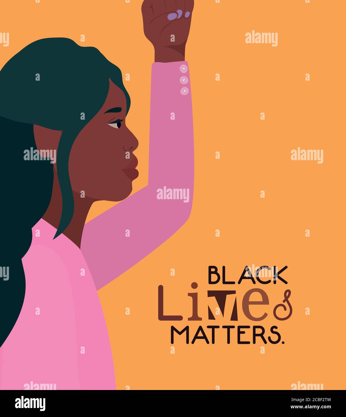 Schwarze Frau Cartoon mit Faust nach oben in der Seitenansicht mit Black Lives Matters Text Design von Protest Gerechtigkeit und Rassismus Darstellung des Motivvektors Stock Vektor