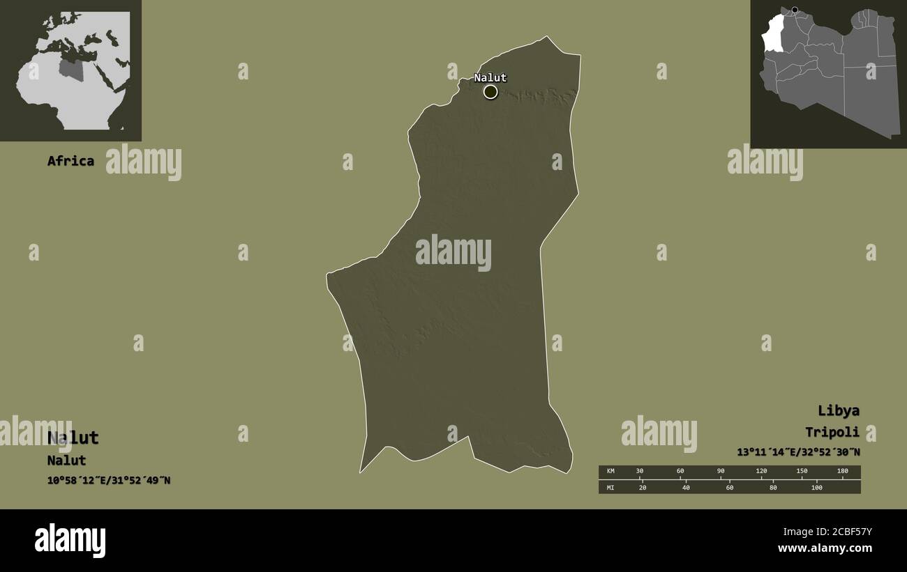 Form von Nalut, Bezirk von Libyen, und seine Hauptstadt. Entfernungsskala, Vorschauen und Beschriftungen. Farbige Höhenkarte. 3D-Rendering Stockfoto