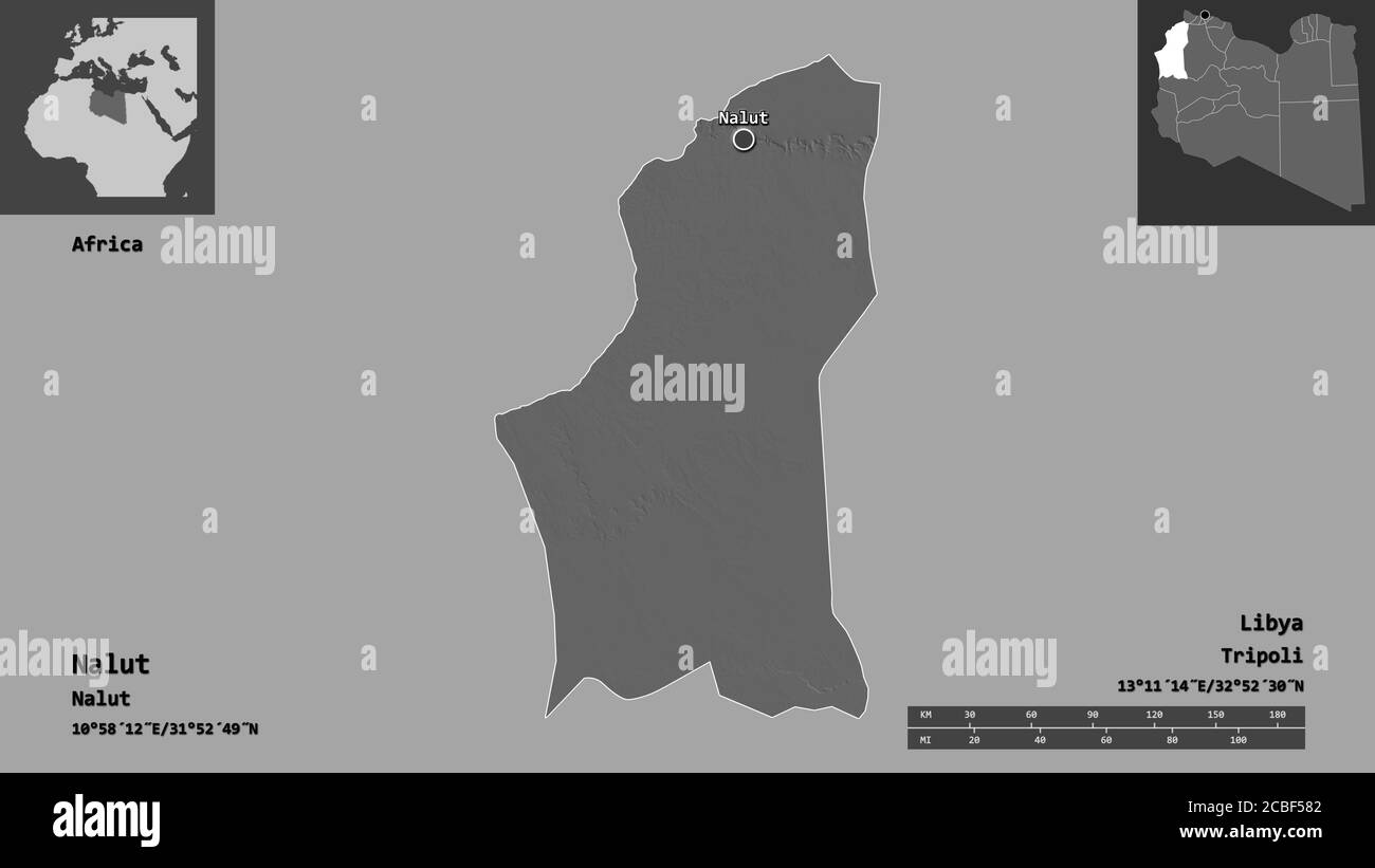 Form von Nalut, Bezirk von Libyen, und seine Hauptstadt. Entfernungsskala, Vorschauen und Beschriftungen. Höhenkarte mit zwei Ebenen. 3D-Rendering Stockfoto