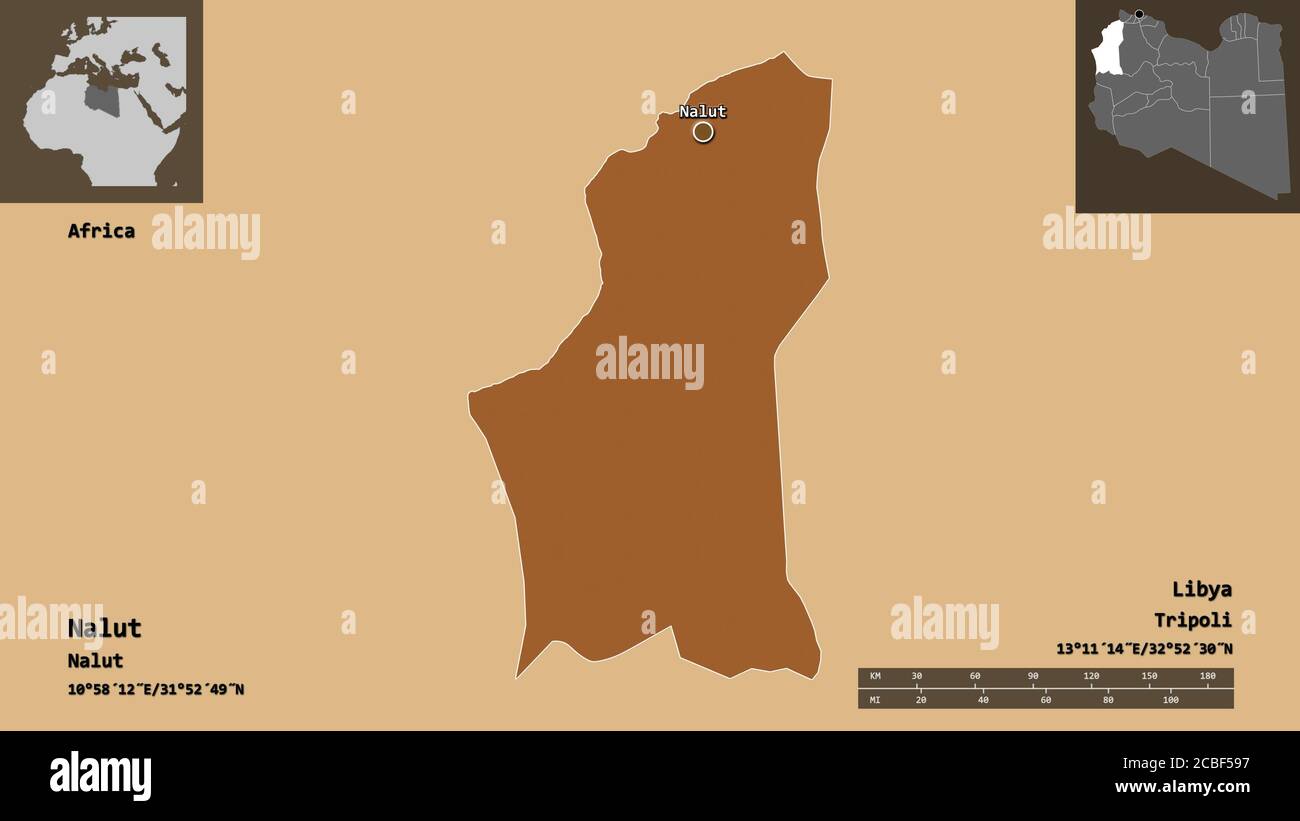 Form von Nalut, Bezirk von Libyen, und seine Hauptstadt. Entfernungsskala, Vorschauen und Beschriftungen. Komposition von gemusterten Texturen. 3D-Rendering Stockfoto