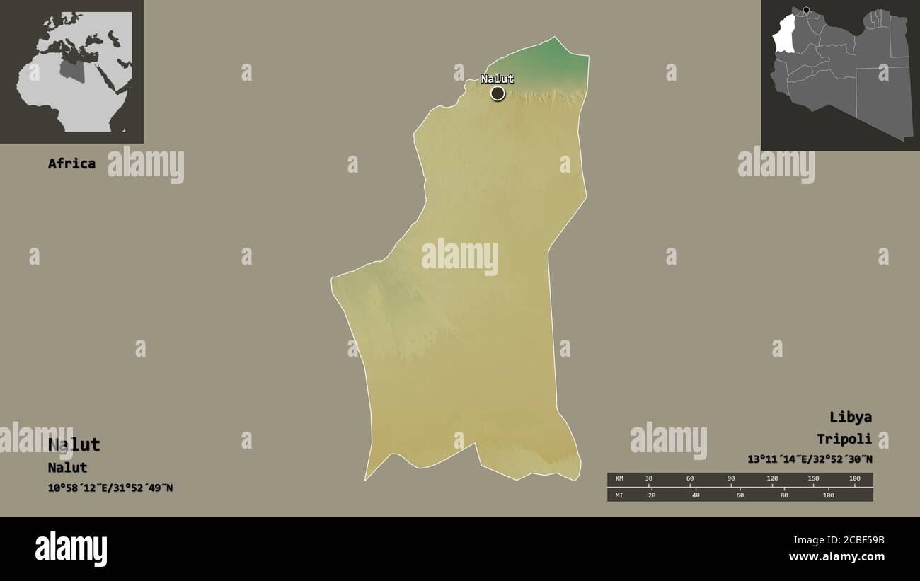 Form von Nalut, Bezirk von Libyen, und seine Hauptstadt. Entfernungsskala, Vorschauen und Beschriftungen. Topografische Reliefkarte. 3D-Rendering Stockfoto