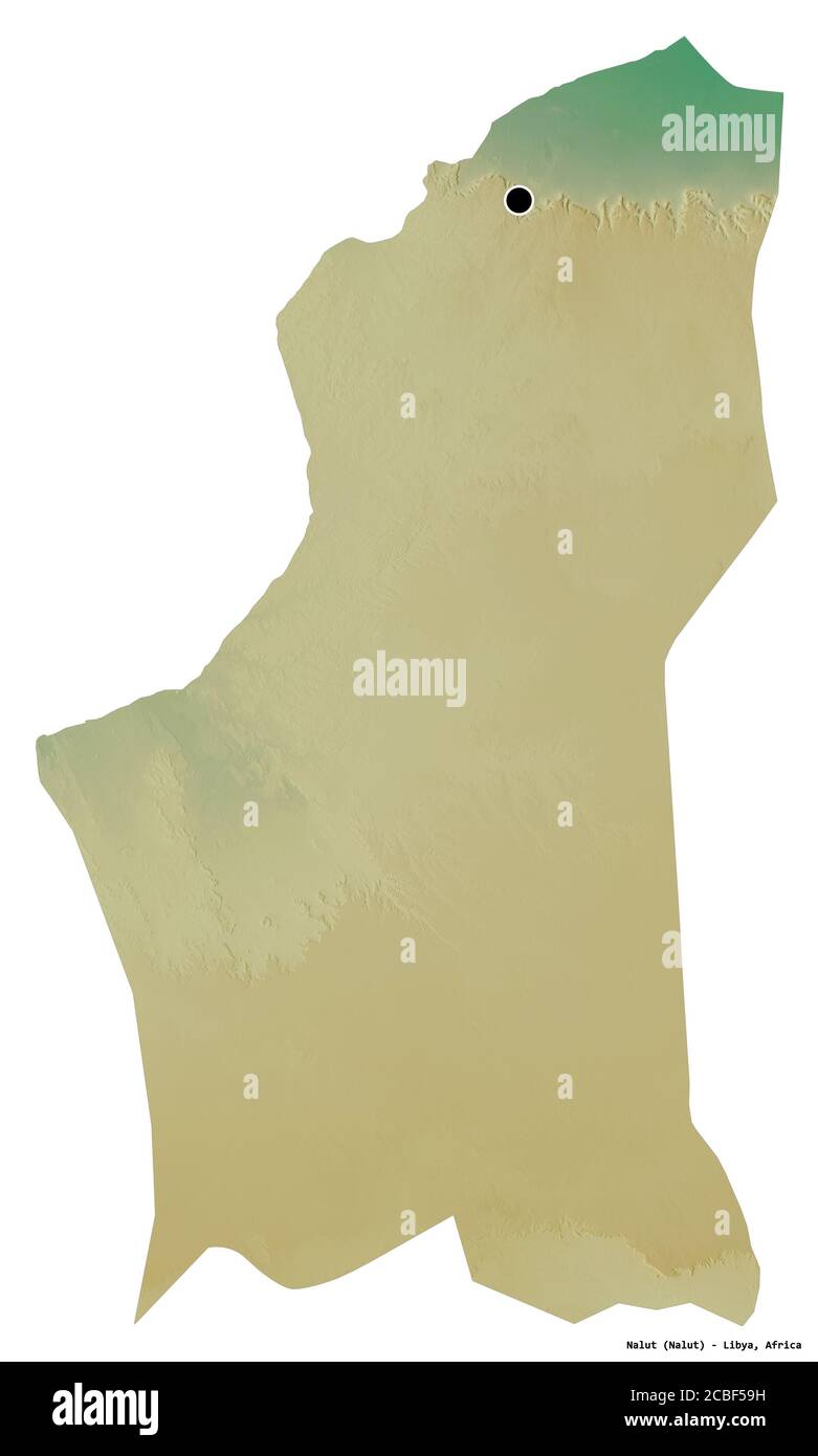 Form von Nalut, Bezirk von Libyen, mit seiner Hauptstadt isoliert auf weißem Hintergrund. Topografische Reliefkarte. 3D-Rendering Stockfoto