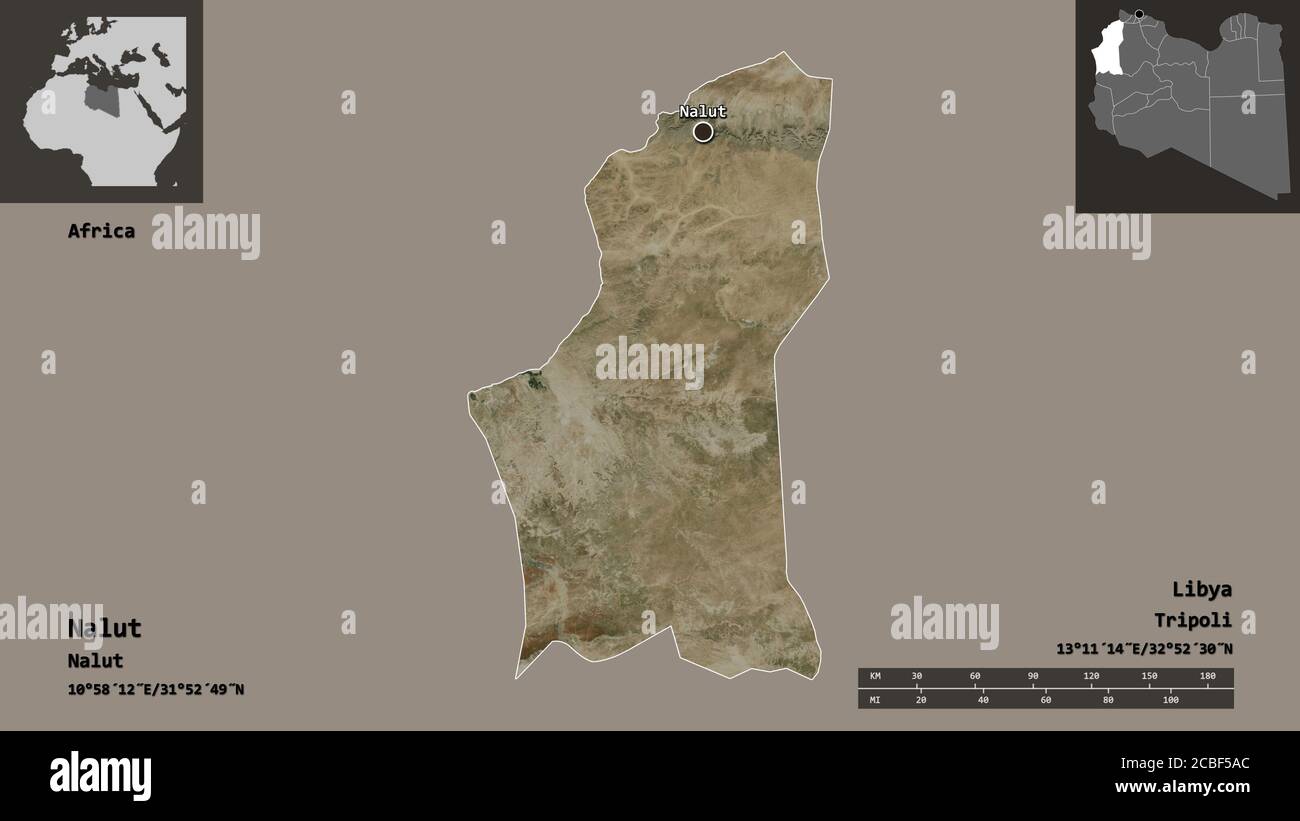 Form von Nalut, Bezirk von Libyen, und seine Hauptstadt. Entfernungsskala, Vorschauen und Beschriftungen. Satellitenbilder. 3D-Rendering Stockfoto