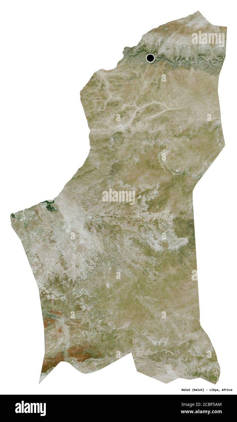 Form von Nalut, Bezirk von Libyen, mit seiner Hauptstadt isoliert auf weißem Hintergrund. Satellitenbilder. 3D-Rendering Stockfoto