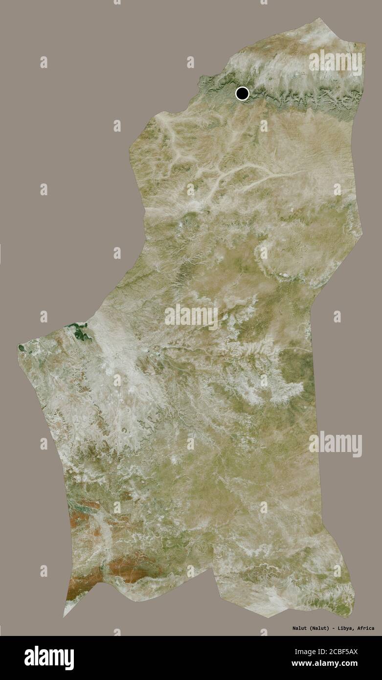 Form von Nalut, Bezirk von Libyen, mit seiner Hauptstadt isoliert auf einem einfarbigen Hintergrund. Satellitenbilder. 3D-Rendering Stockfoto