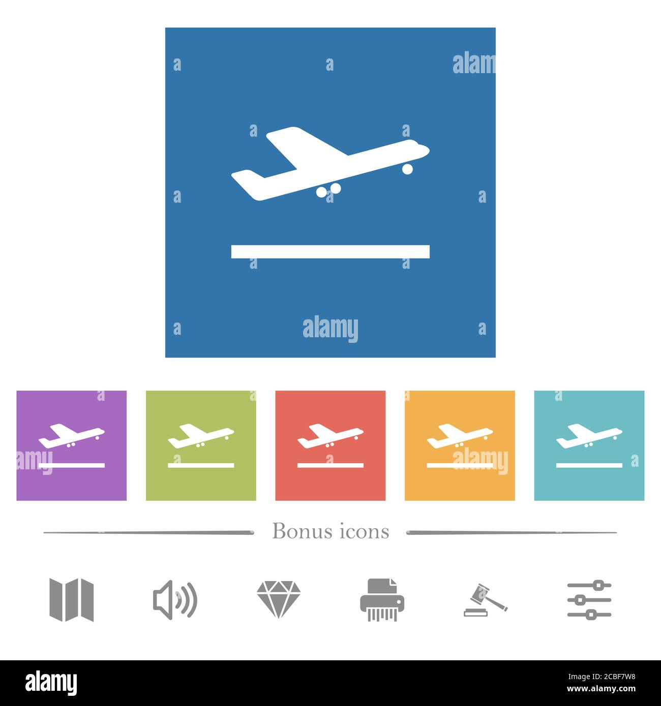 Flugzeug abheben flache weiße Symbole in quadratischen Hintergründen. 6 Bonus-Symbole enthalten. Stock Vektor