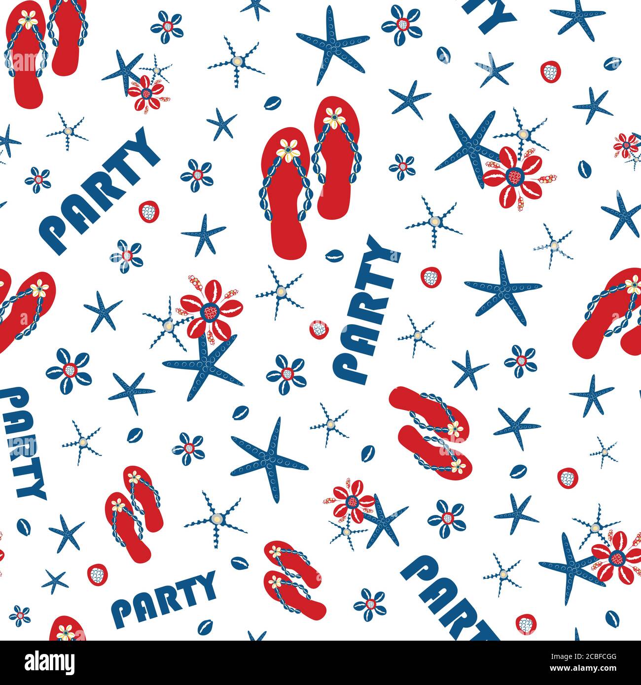 Party Flip Flop Schuh nahtlose Vektor-Muster Hintergrund. Rot, blau, weißer Hintergrund mit Text, Sandalen, Seesternen, Kaurimuscheln. Americana Farbe wiederholen Stock Vektor