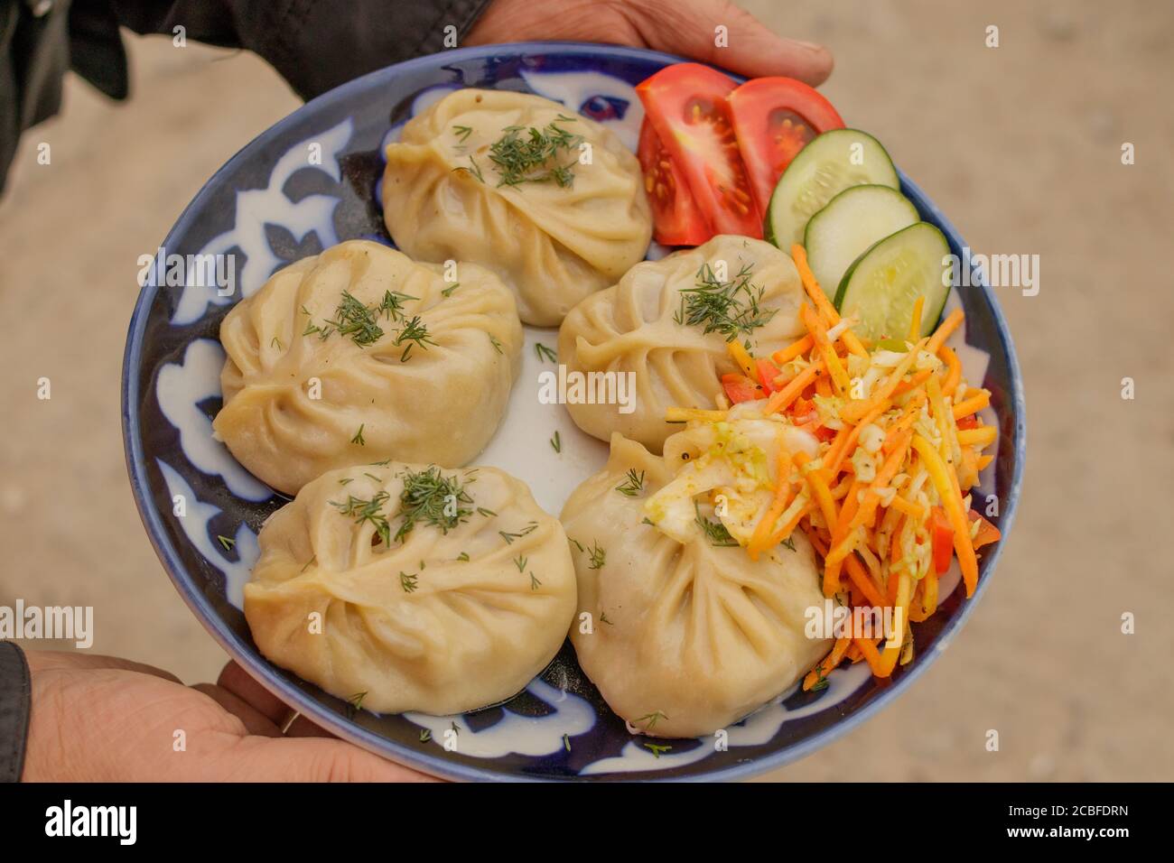 Traditionelles orientalisches Manta-Gericht mit Gemüsesalat auf einem Teller. Stockfoto