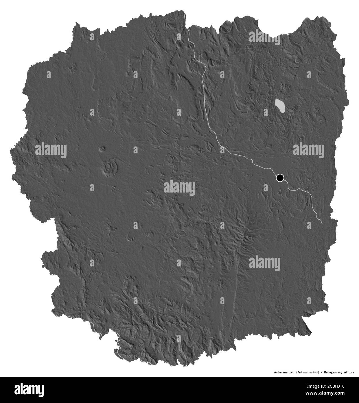 Form von Antananarivo, autonome Provinz Madagaskar, mit seiner Hauptstadt isoliert auf weißem Hintergrund. Höhenkarte mit zwei Ebenen. 3D-Rendering Stockfoto
