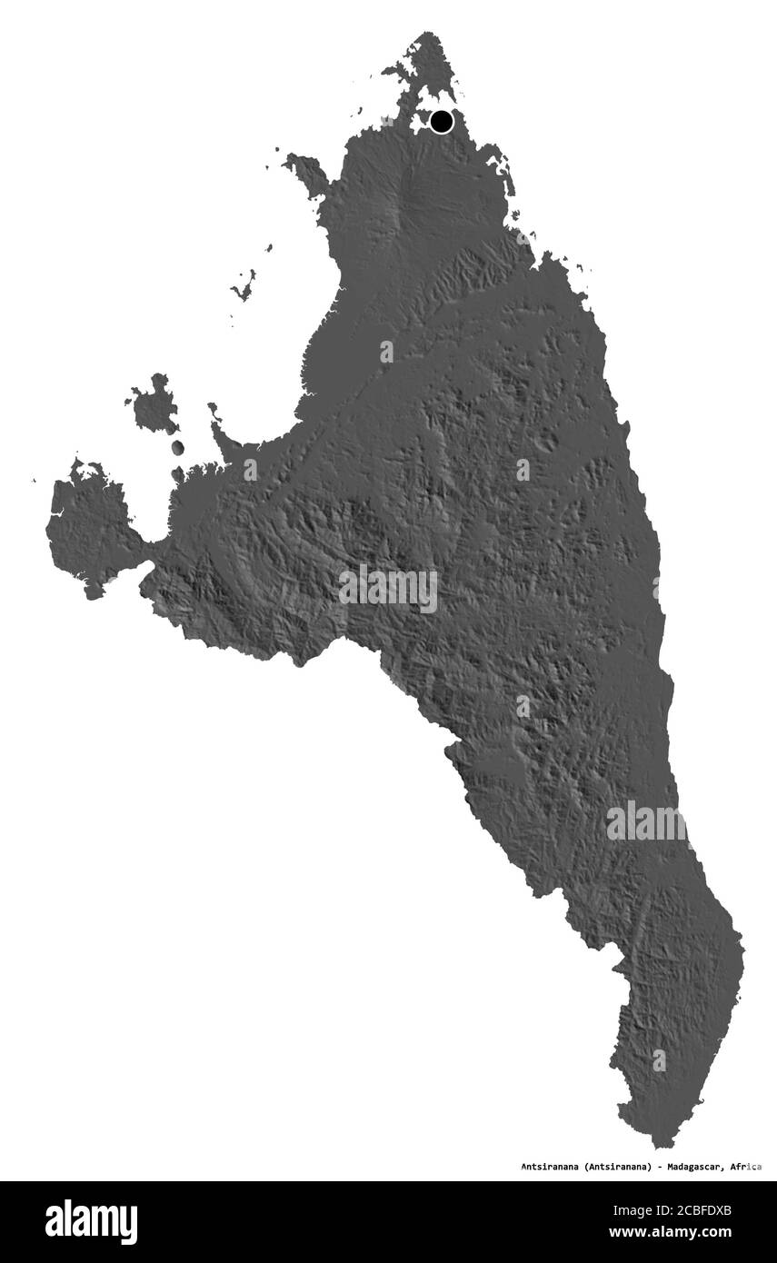 Form von Antsiranana, autonome Provinz von Madagaskar, mit seiner Hauptstadt isoliert auf weißem Hintergrund. Höhenkarte mit zwei Ebenen. 3D-Rendering Stockfoto