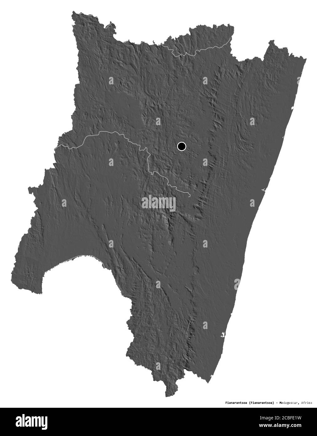 Form von Fianarantsoa, autonome Provinz von Madagaskar, mit seiner Hauptstadt isoliert auf weißem Hintergrund. Höhenkarte mit zwei Ebenen. 3D-Rendering Stockfoto