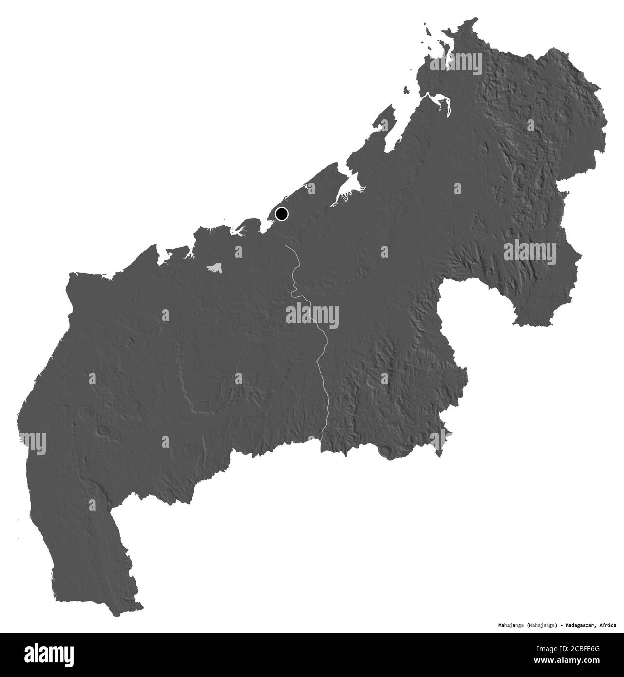 Form von Mahajanga, autonome Provinz von Madagaskar, mit seiner Hauptstadt isoliert auf weißem Hintergrund. Höhenkarte mit zwei Ebenen. 3D-Rendering Stockfoto