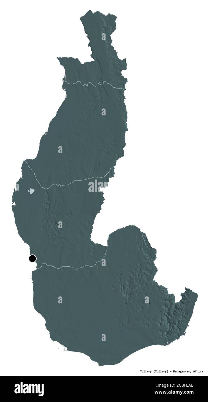 Form von Toliary, autonome Provinz von Madagaskar, mit seiner Hauptstadt isoliert auf weißem Hintergrund. Farbige Höhenkarte. 3D-Rendering Stockfoto