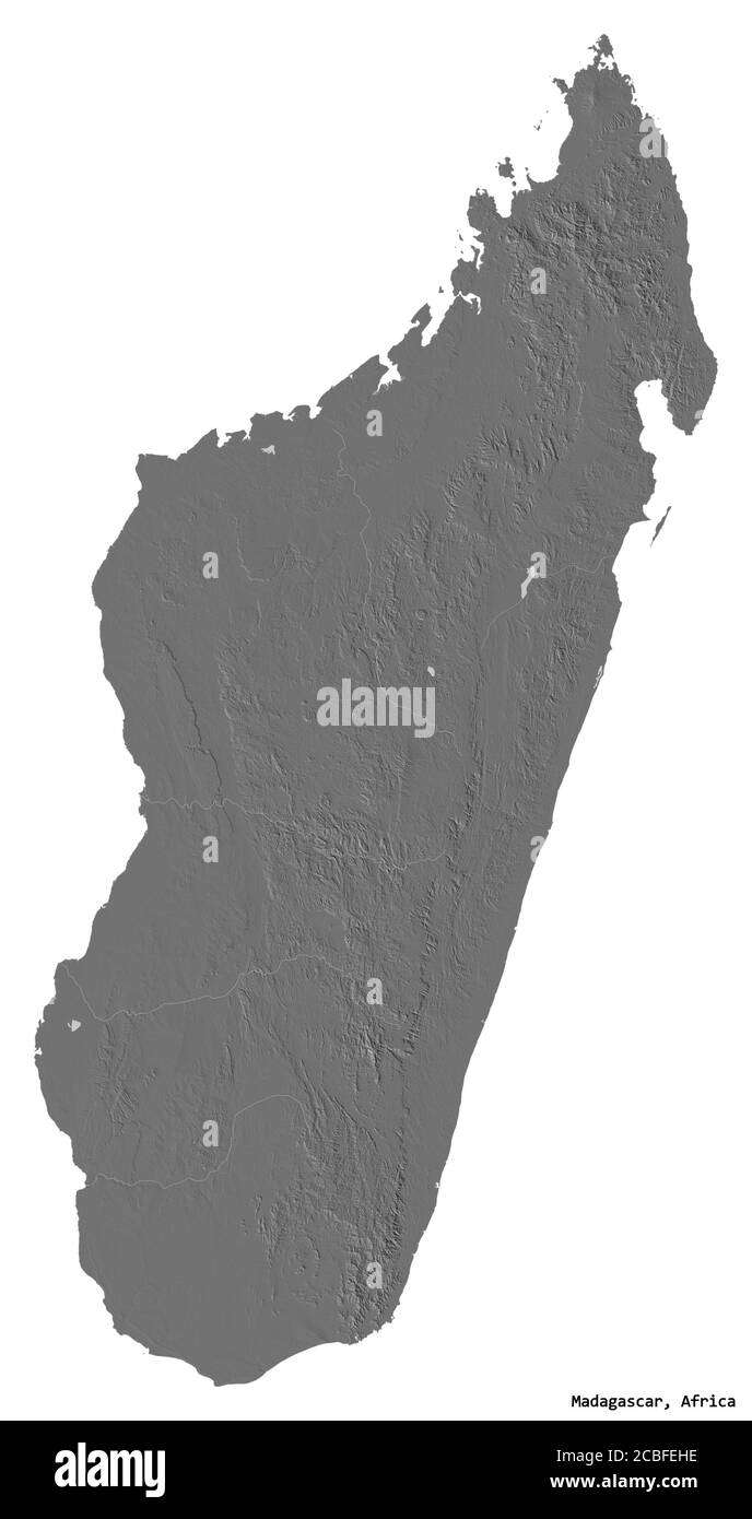 Form von Madagaskar mit seiner Hauptstadt isoliert auf weißem Hintergrund. Höhenkarte mit zwei Ebenen. 3D-Rendering Stockfoto