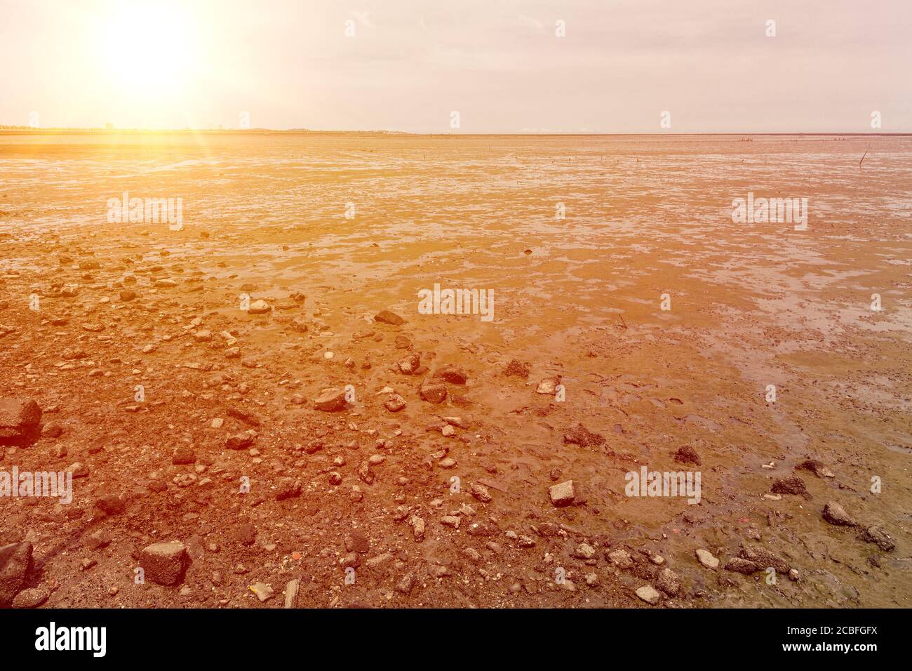 Trockene See ariden Landeffekt von FrühlingsGezeiten mit sonnigen Himmel Stockfoto
