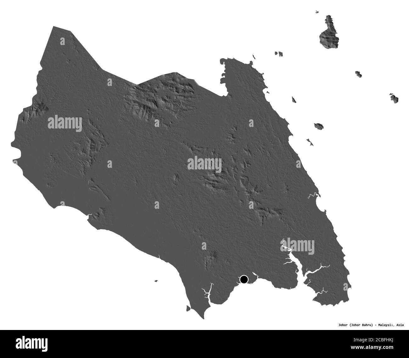 Form von Johor, Staat von Malaysia, mit seiner Hauptstadt isoliert auf weißem Hintergrund. Höhenkarte mit zwei Ebenen. 3D-Rendering Stockfoto