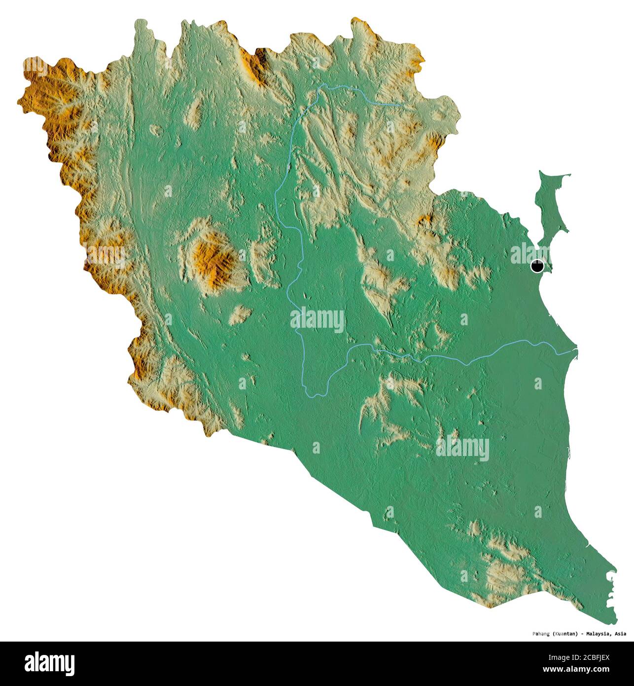 Form von Pahang, Staat Malaysia, mit seiner Hauptstadt isoliert auf weißem Hintergrund. Topografische Reliefkarte. 3D-Rendering Stockfoto