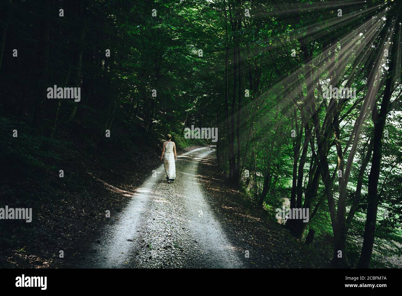 Blonde kaukasische Frau im Sommerkleid zu Fuß auf schmalen Kies Straße durch dunklen Wald Stockfoto