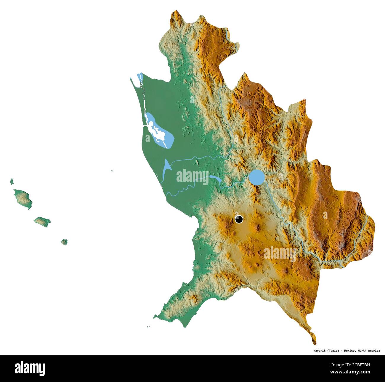 Form von Nayarit, Bundesstaat Mexiko, mit seiner Hauptstadt isoliert auf weißem Hintergrund. Topografische Reliefkarte. 3D-Rendering Stockfoto