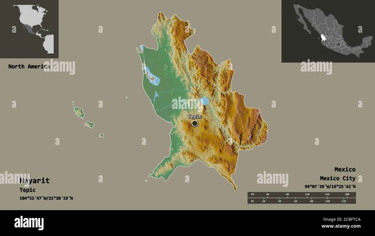 Form von Nayarit, Staat von Mexiko, und seine Hauptstadt. Entfernungsskala, Vorschauen und Beschriftungen. Topografische Reliefkarte. 3D-Rendering Stockfoto