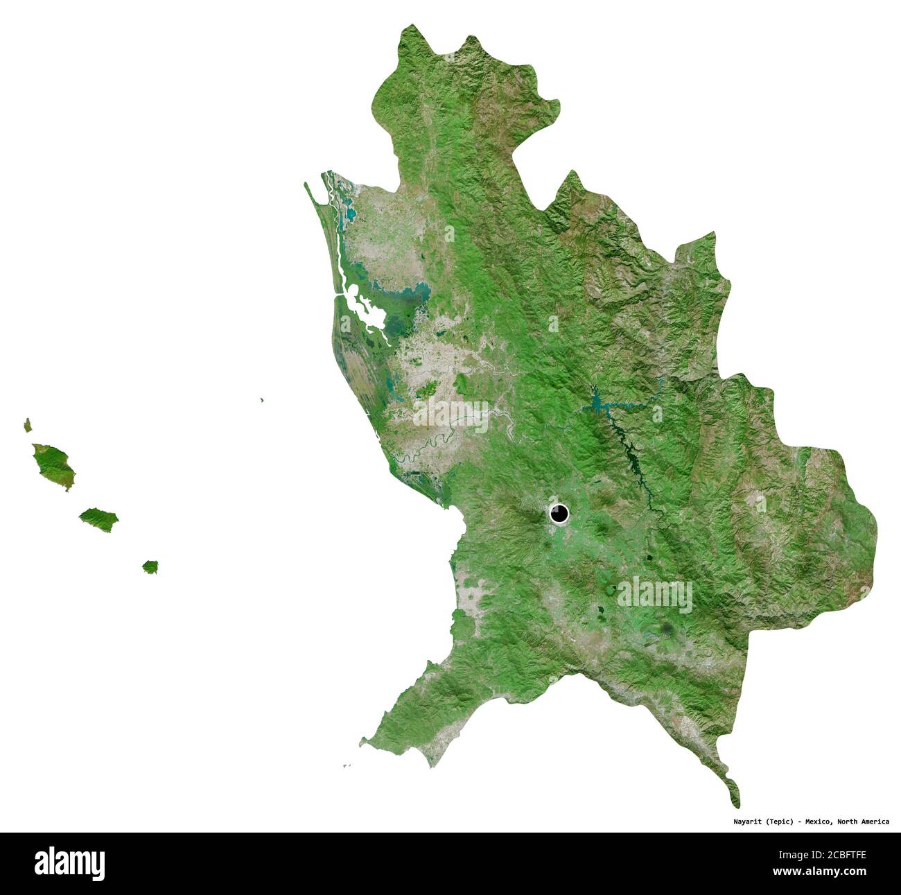 Form von Nayarit, Bundesstaat Mexiko, mit seiner Hauptstadt isoliert auf weißem Hintergrund. Satellitenbilder. 3D-Rendering Stockfoto
