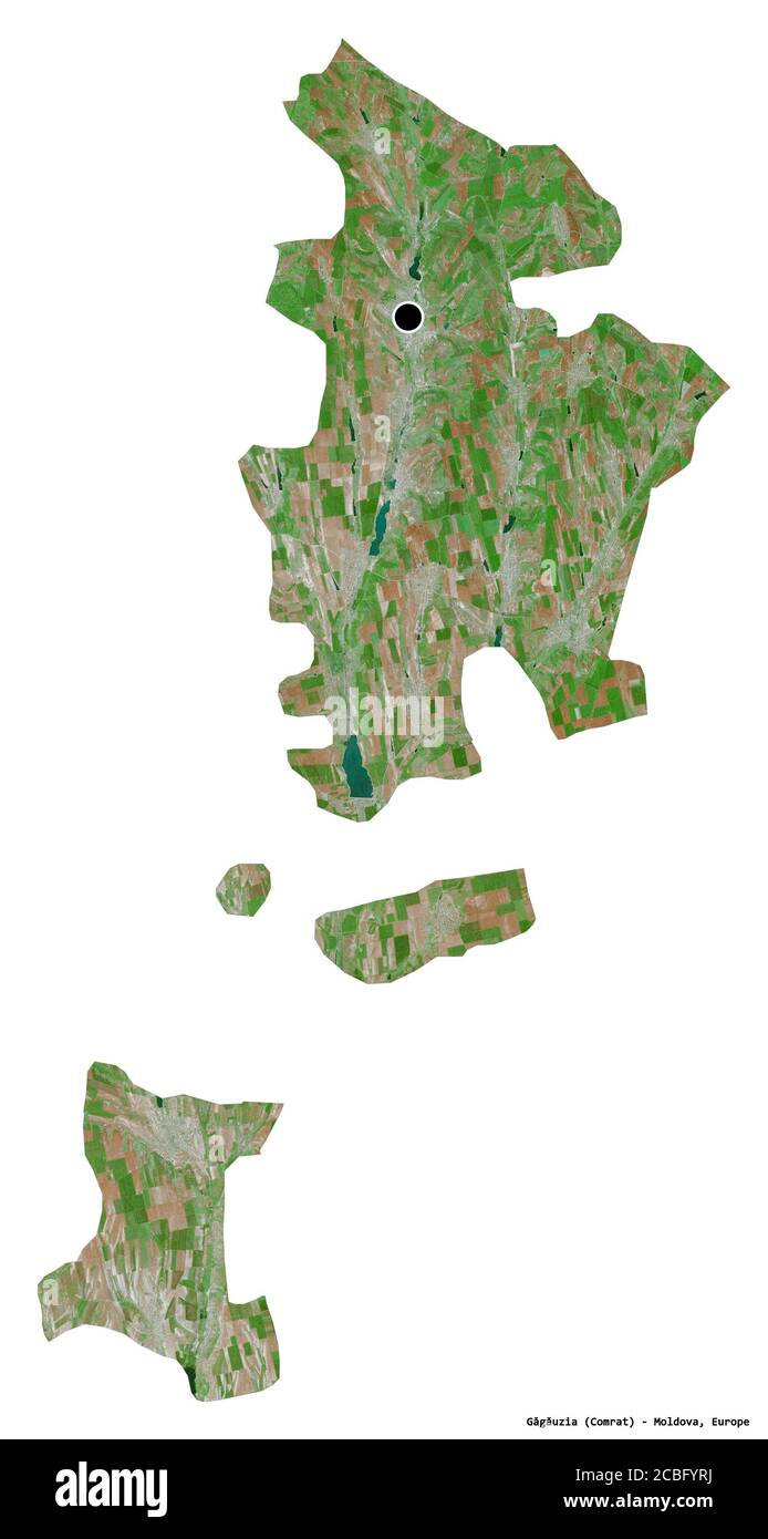 Form von Găgăuzia, autonomes Territorium von Moldawien, mit seiner Hauptstadt auf weißem Hintergrund isoliert. Satellitenbilder. 3D-Rendering Stockfoto