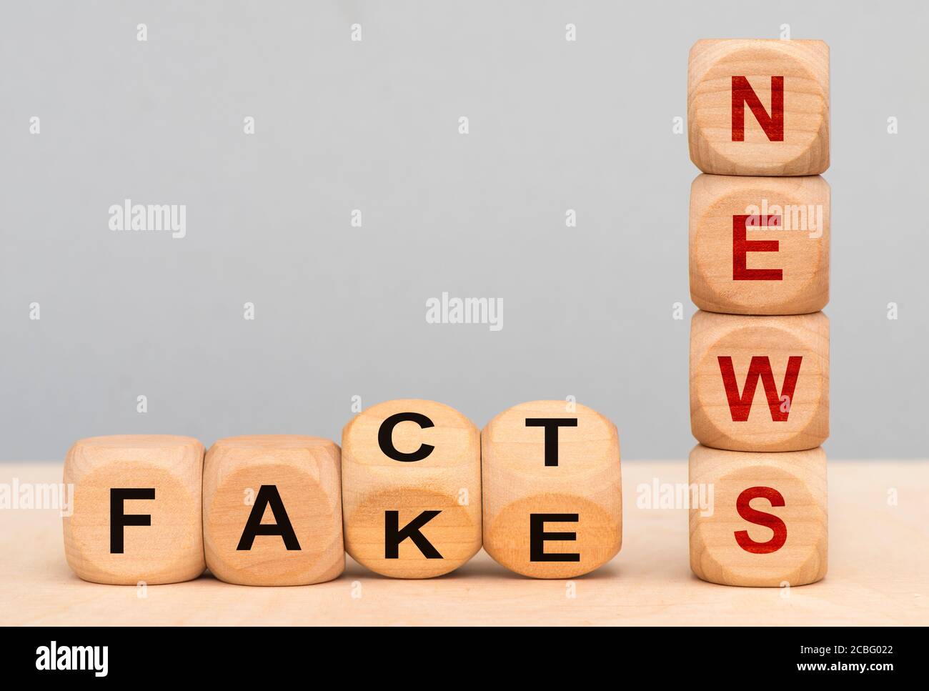 Fakt und Fälschung auf Holzwürfeln gedruckt Stockfoto
