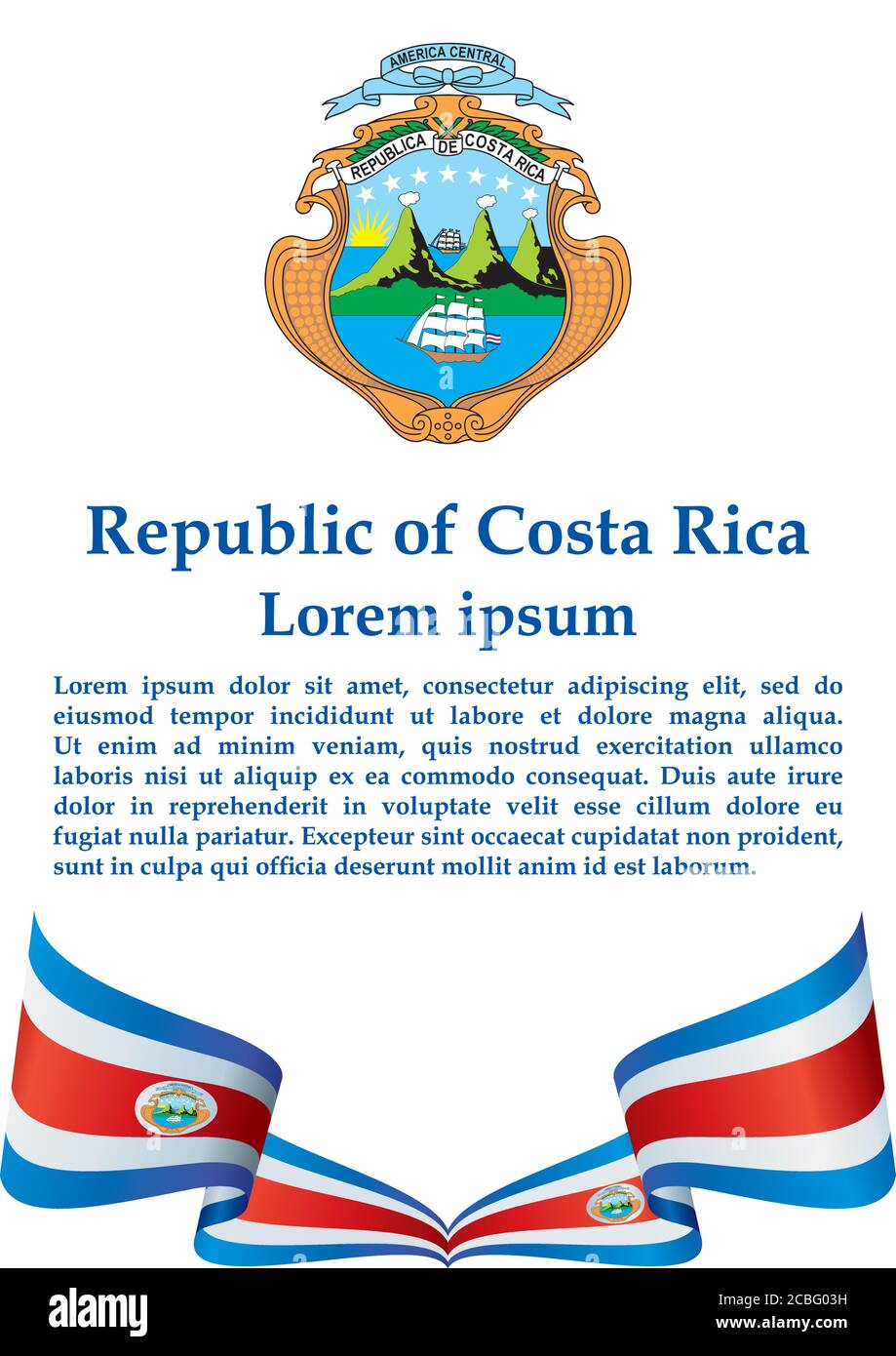 Flagge von Costa Rica, Republik Costa Rica. Vorlage für Award Design, ein offizielles Dokument mit der Flagge von Costa Rica. Stock Vektor