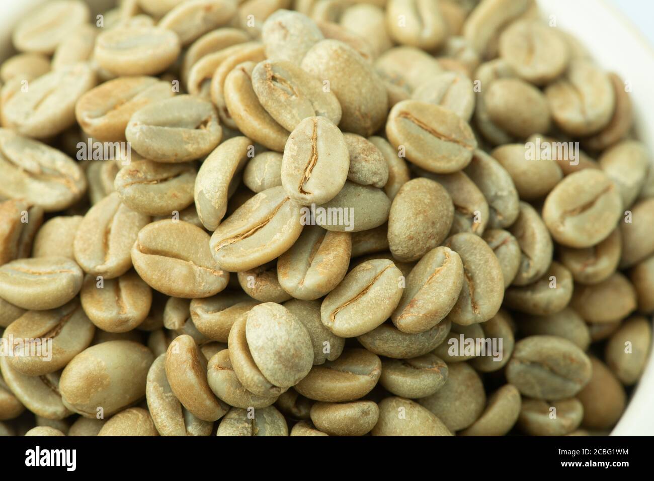 Grüne Kaffeebohnen. Rohzustand vor dem Braten. Stockfoto
