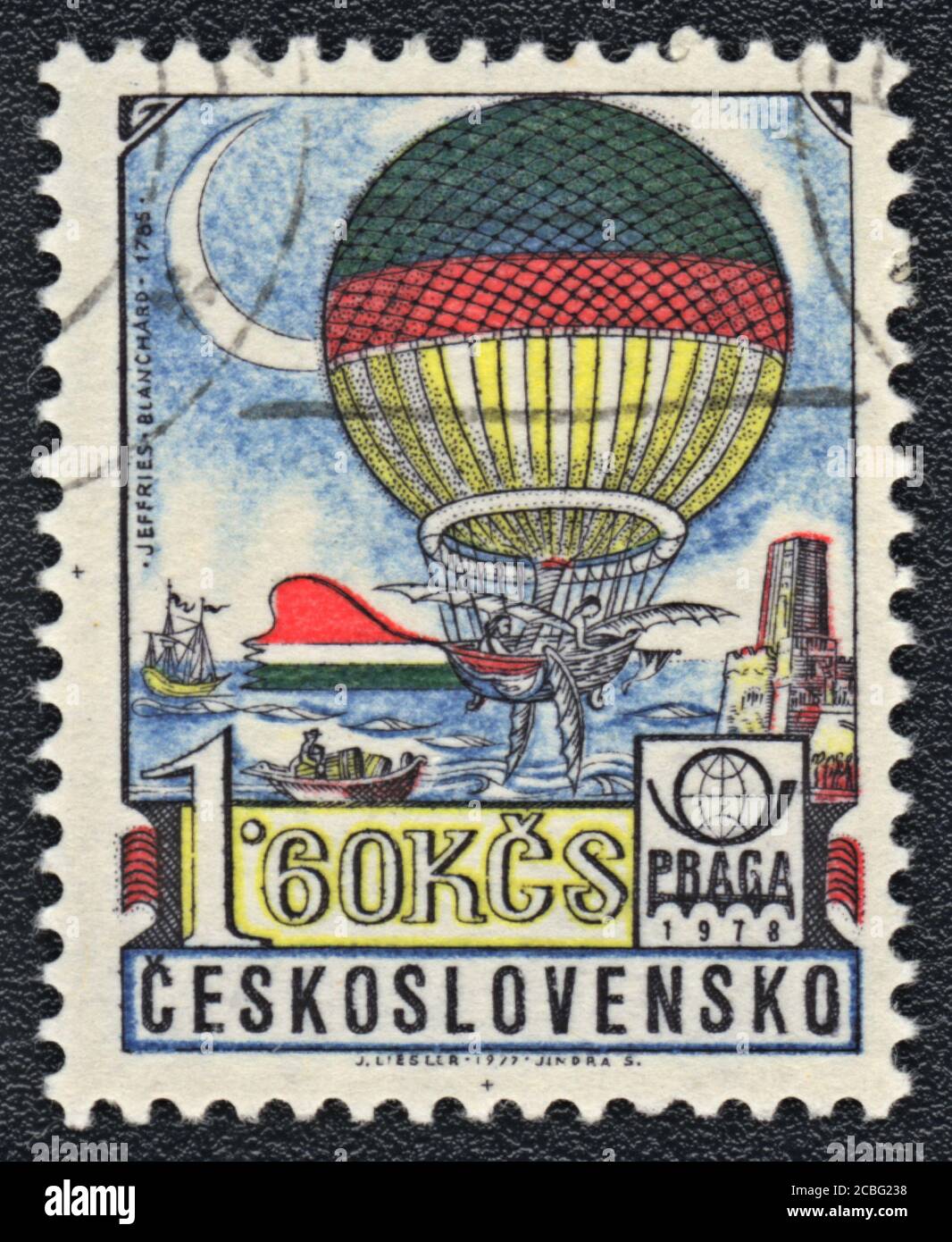 Eine Briefmarke gedruckt in der Tschechoslowakei. Ballon mit Flügeln gebaut von Jean-Pierre Blanchard und John Jeffries, 1785, um 1978 Stockfoto