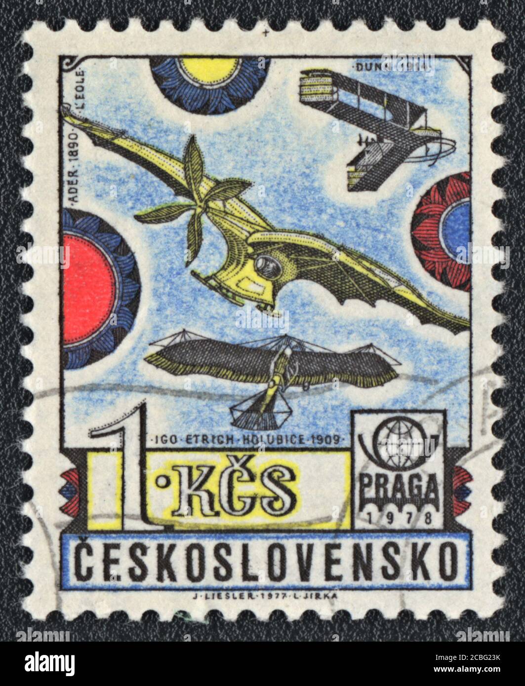 Eine in der Tschechoslowakei gedruckte Briefmarke. Vintage Flugzeuge und Glide, 1978 Stockfoto