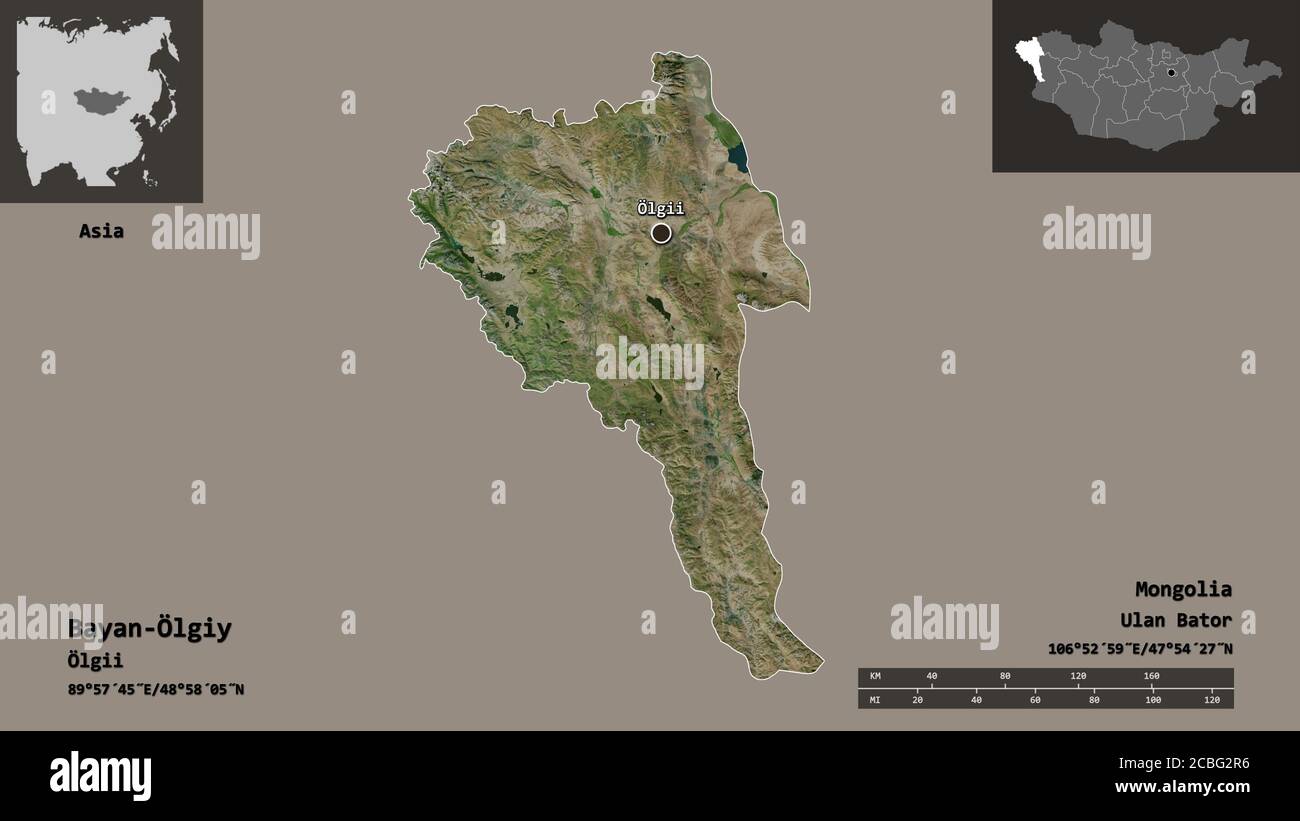 Form von Bayan-Ölgiy, Provinz der Mongolei, und seine Hauptstadt. Entfernungsskala, Vorschauen und Beschriftungen. Satellitenbilder. 3D-Rendering Stockfoto