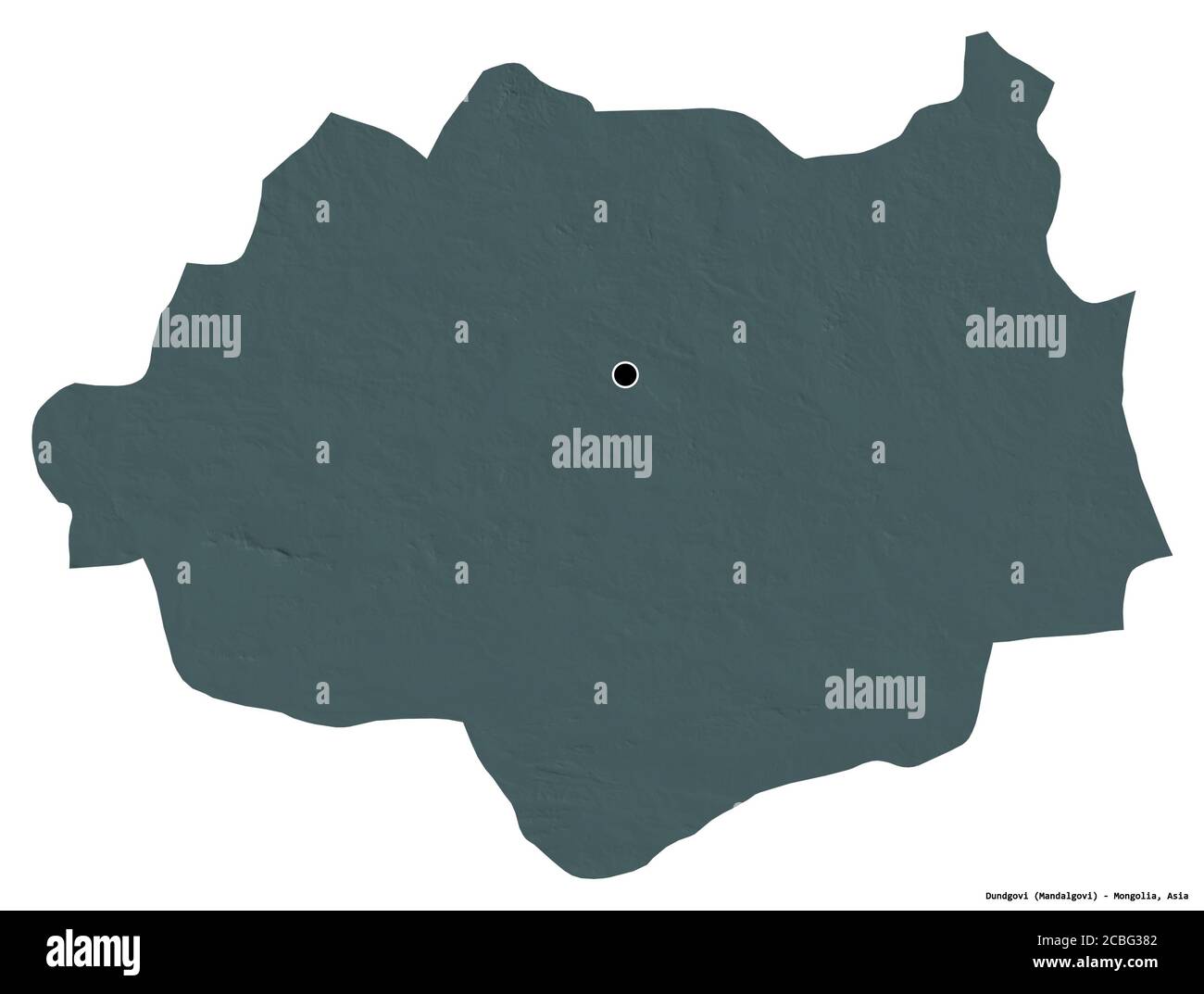 Form von Dundgovi, Provinz der Mongolei, mit seiner Hauptstadt isoliert auf weißem Hintergrund. Farbige Höhenkarte. 3D-Rendering Stockfoto