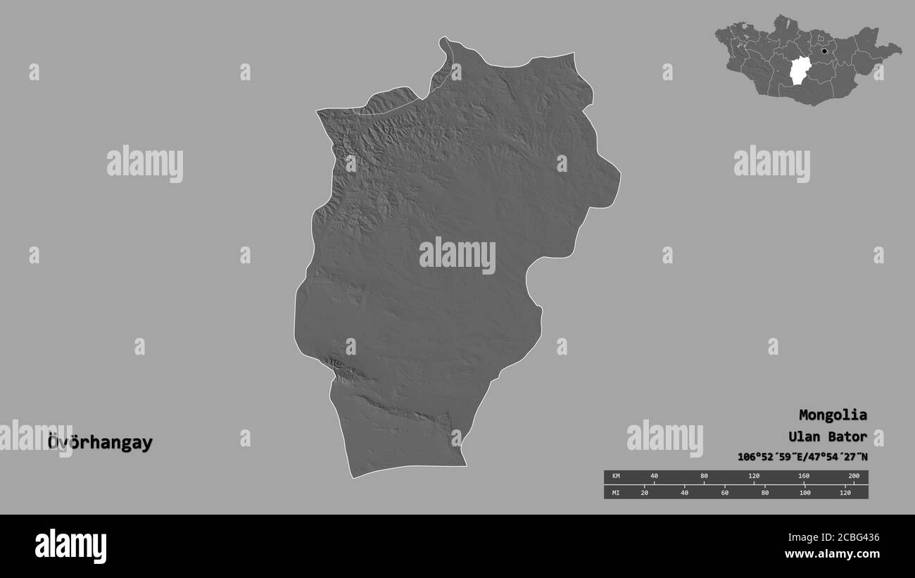 Form von Övörhangay, Provinz der Mongolei, mit seiner Hauptstadt isoliert auf festem Hintergrund. Entfernungsskala, Regionenvorschau und Beschriftungen. Höhe der Bilevel Stockfoto