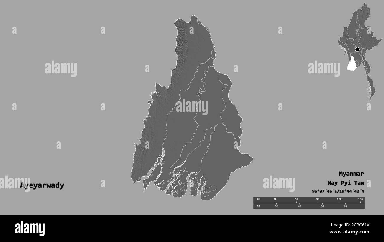 Form von Ayeyarwady, Teilung von Myanmar, mit seiner Hauptstadt isoliert auf festem Hintergrund. Entfernungsskala, Regionenvorschau und Beschriftungen. Höhe der Bilevel Stockfoto