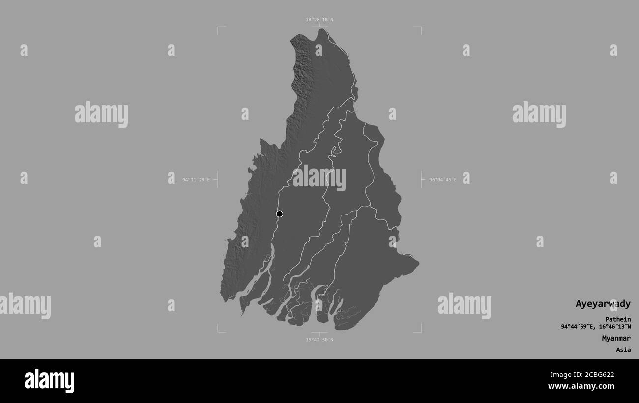Gebiet von Ayeyarwady, Teilung von Myanmar, isoliert auf einem soliden Hintergrund in einem georeferenzierten Begrenzungsrahmen. Beschriftungen. Höhenkarte mit zwei Ebenen. 3D-Rendering Stockfoto