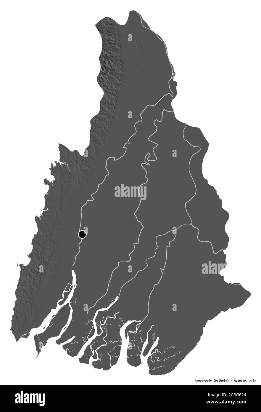 Form von Ayeyarwady, Teilung von Myanmar, mit seiner Hauptstadt isoliert auf weißem Hintergrund. Höhenkarte mit zwei Ebenen. 3D-Rendering Stockfoto