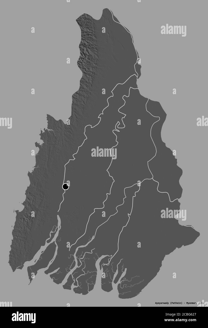 Form von Ayeyarwady, Teilung von Myanmar, mit seiner Hauptstadt isoliert auf einem einfarbigen Hintergrund. Höhenkarte mit zwei Ebenen. 3D-Rendering Stockfoto