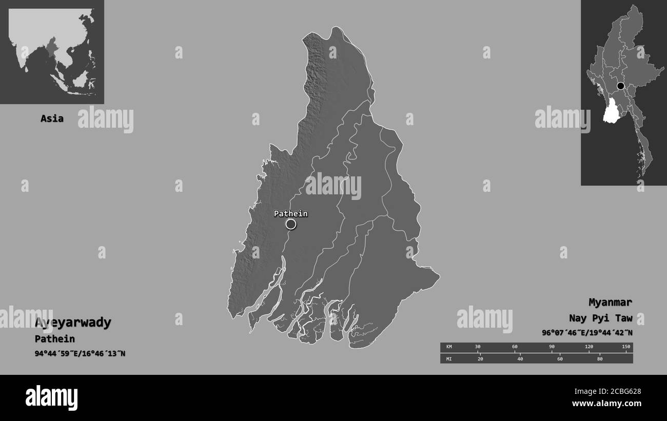 Form von Ayeyarwady, Teilung von Myanmar und seiner Hauptstadt. Entfernungsskala, Vorschauen und Beschriftungen. Höhenkarte mit zwei Ebenen. 3D-Rendering Stockfoto