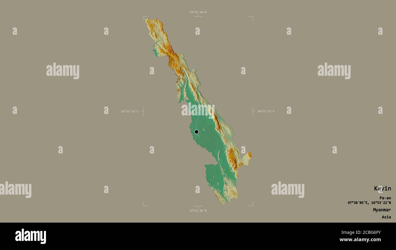 Gebiet von Kayin, Staat Myanmar, isoliert auf einem soliden Hintergrund in einem georeferenzierten Begrenzungsrahmen. Beschriftungen. Topografische Reliefkarte. 3D-Rendering Stockfoto