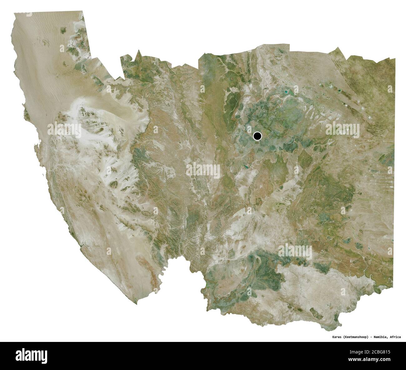 Form von Karas, Region von Namibia, mit seiner Hauptstadt isoliert auf weißem Hintergrund. Satellitenbilder. 3D-Rendering Stockfoto