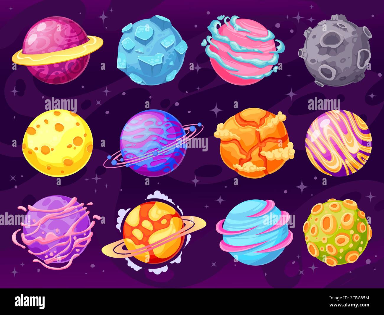 Fantasieplaneten. Bunte kosmische Planeten Objekte für Spiel-Design fantastische Galaxie Welt, Astronomie Raum Universum Cartoon-Vektor-Set Stock Vektor