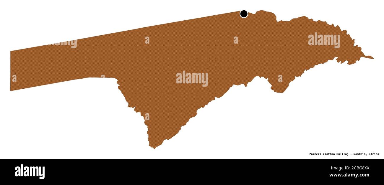 Form von Zambezi, Region Namibia, mit seiner Hauptstadt isoliert auf weißem Hintergrund. Komposition von gemusterten Texturen. 3D-Rendering Stockfoto