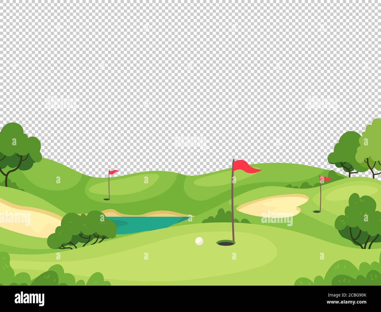 Golf Hintergrund. Grüner Golfplatz mit Loch und roten Fahnen für Einladungskarte, Poster und Banner, Charity-Play-Turnier Vektor-Vorlage Stock Vektor