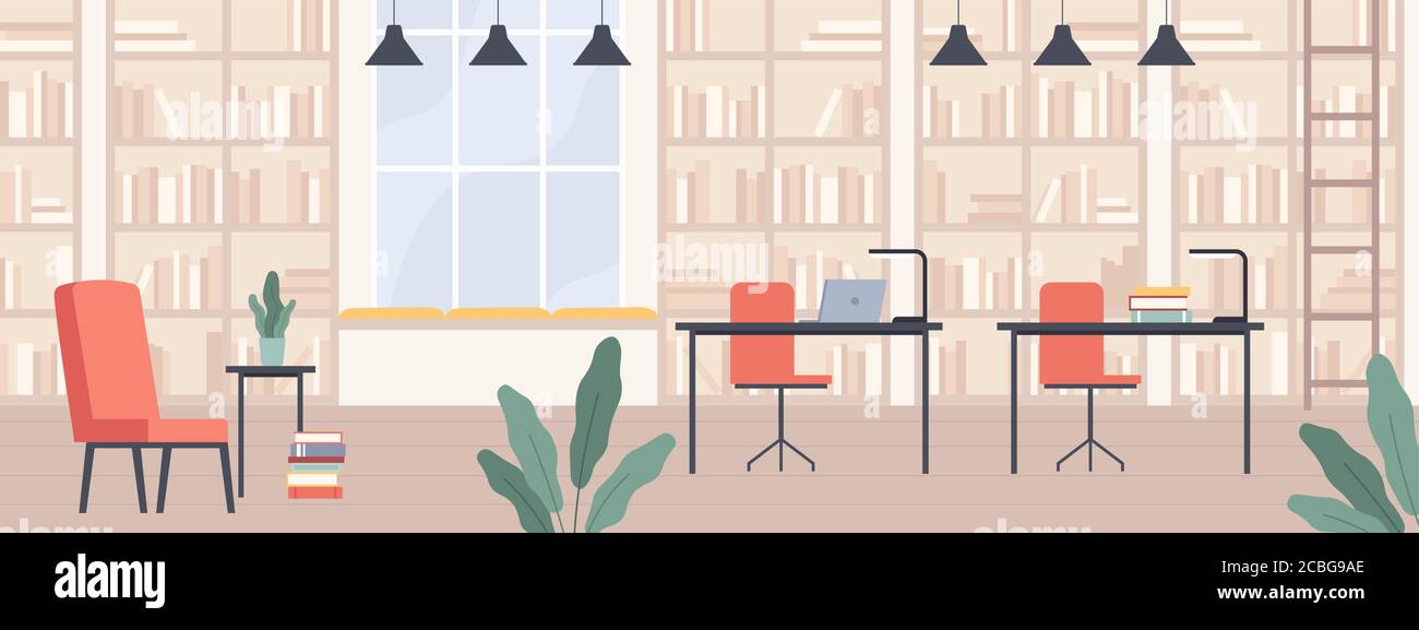 Bibliothek. Moderne öffentliche Bibliothek Innenraum mit Bücherregalen, Stühlen, Schreibtischen und Computern, Lesesaal oder Buchhandlung Halle Vektor Illustration Stock Vektor