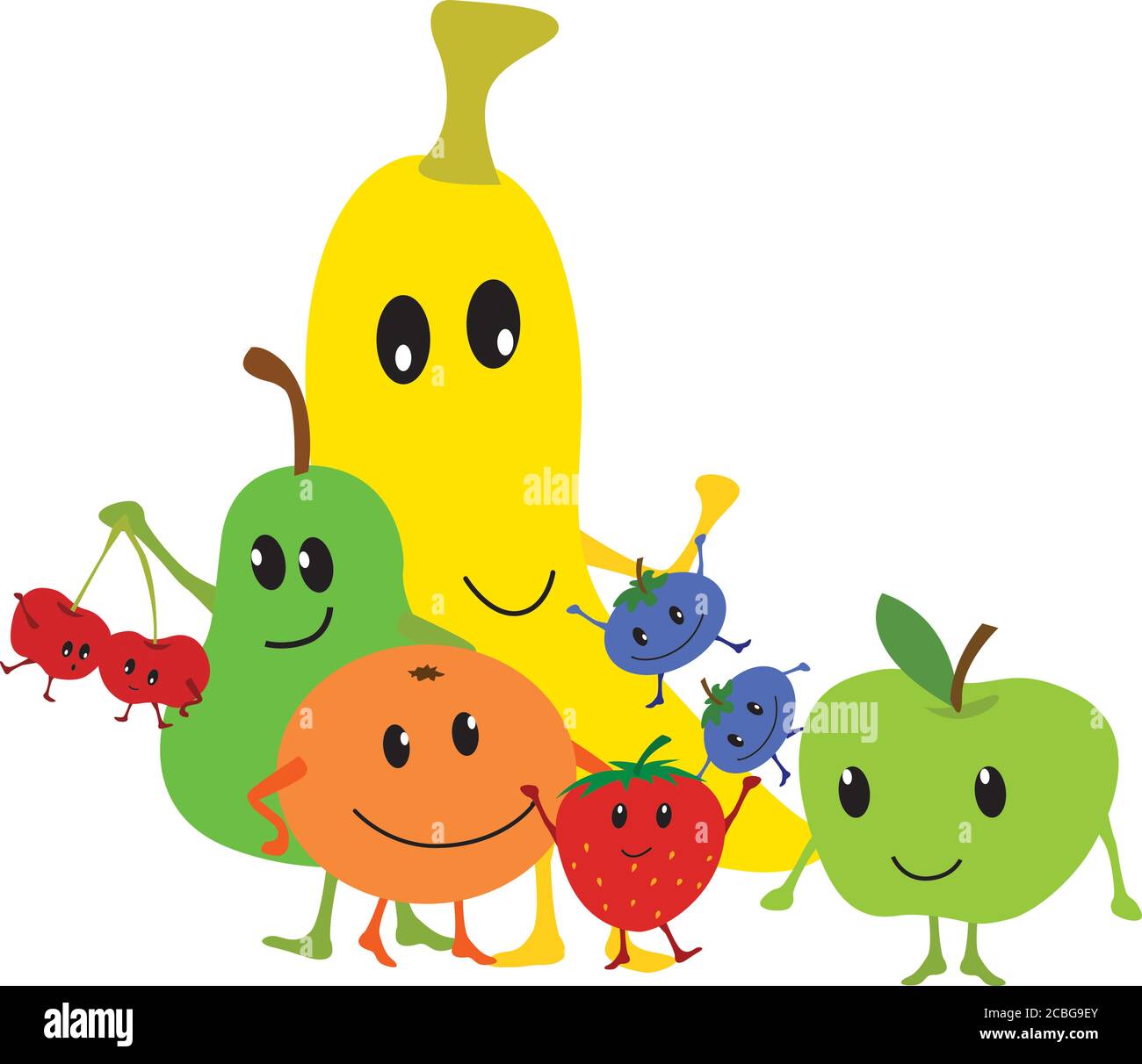 Kawaii Themen minimalistischen Stil Satz von Cartoon Obst isoliert auf Ein weißer Hintergrund auf Stockfoto