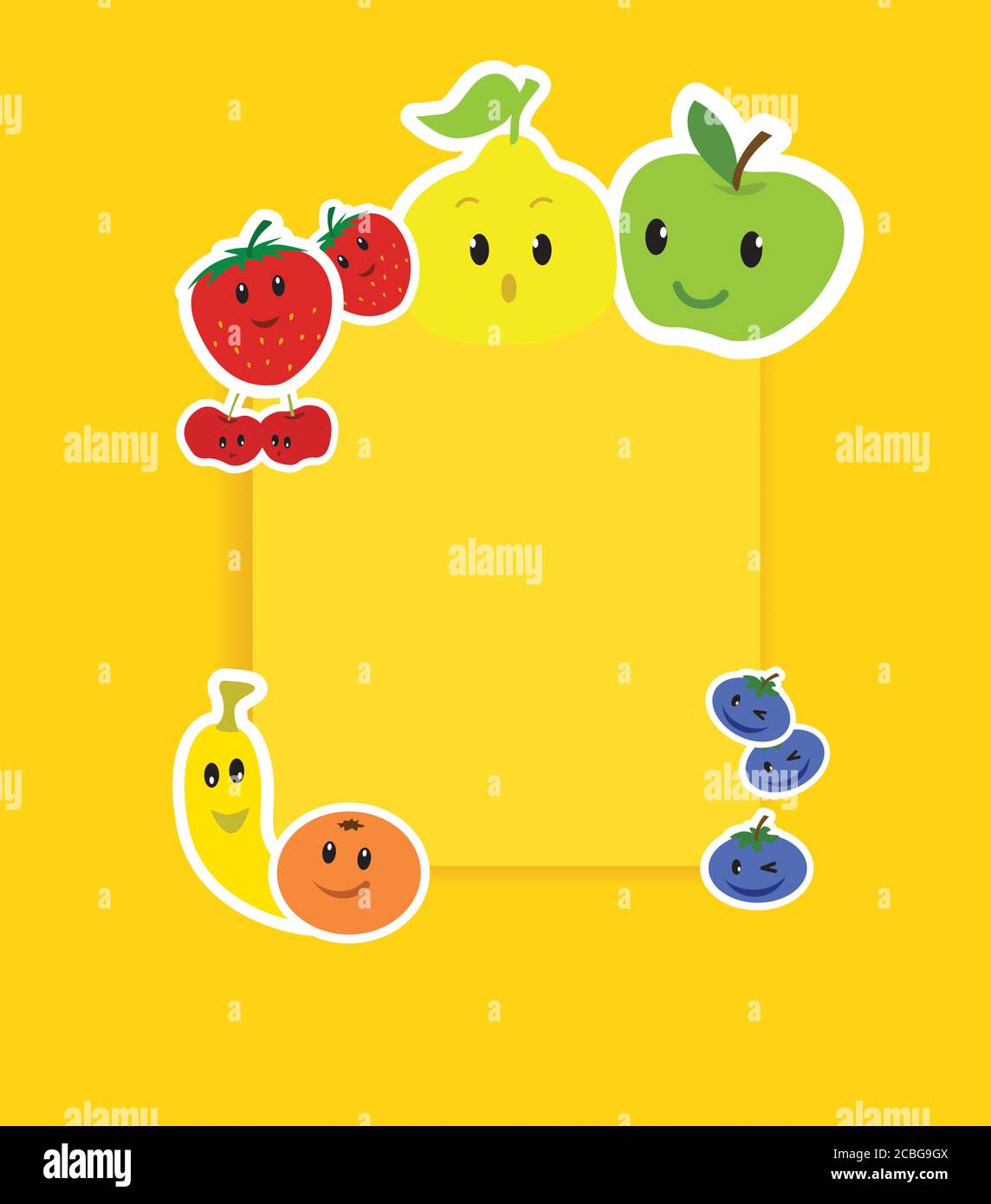Cartoon Vektor kawaii niedlich und lustig Früchte, Zeichen auf einem Plakat auf gelbem Hintergrund mit Kopieplatz Stockfoto